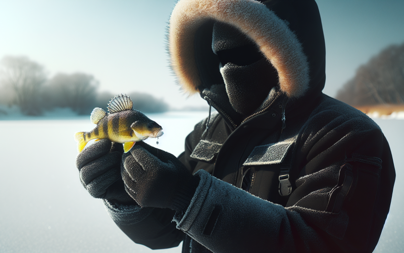 A fisherman holding a small yellow perch against a snowy background.