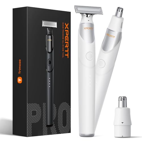 Trimcoo 2 in 1 Electric Body & Nose Hair Trimmer - Painless Beard Razor for Men, All-in-One Groomer with Magnetic Nose Hair Head, Waterproof Wet/Dry Groin/Ball Shaver,USB-C Fast Charging,White(Solo)