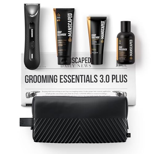 MANSCAPED® Grooming Essentials 3.0 Plus Routine with The Lawn Mower® 3.0 Plus Men's Groin Hair Trimmer, Crop Preserver® Ball Deodorant, Crop Cleanser®, Crop Soother™ Aftershave, Shed 2.0 Toiletry Bag