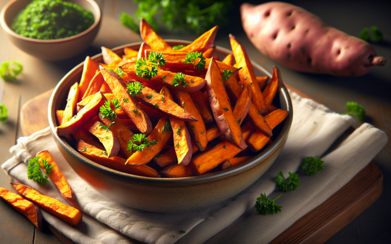 A bowl of golden-brown sweet potato fries cooked in an air fryer, garnished with parsley.