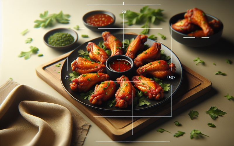 A plate of golden-brown spicy chicken wings garnished with fresh herbs.