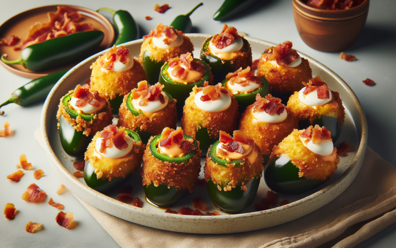 A plate of golden-brown jalapeño poppers stuffed with cream cheese and topped with crispy bacon bits.
