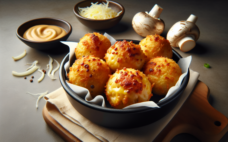 A close-up of golden-brown cheese-stuffed mushrooms cooked in an air fryer.