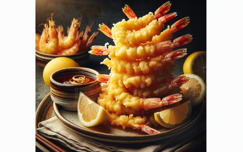 A golden stack of crispy tempura shrimp on a plate, garnished with lemon wedges and a dipping sauce.