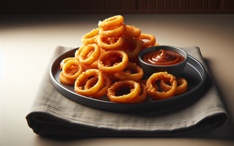 A pile of golden-brown onion rings arranged on a plate, with a side of dipping sauce.