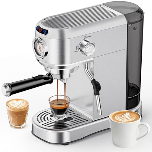 ANYCOLD Espresso Machine, 20 Bar Compact Espresso Maker with Steam Milk Frother, Stainless Steel Expresso Machines for Home, 34oz Removable Water Tank for Latte, Cappuccino, Silver