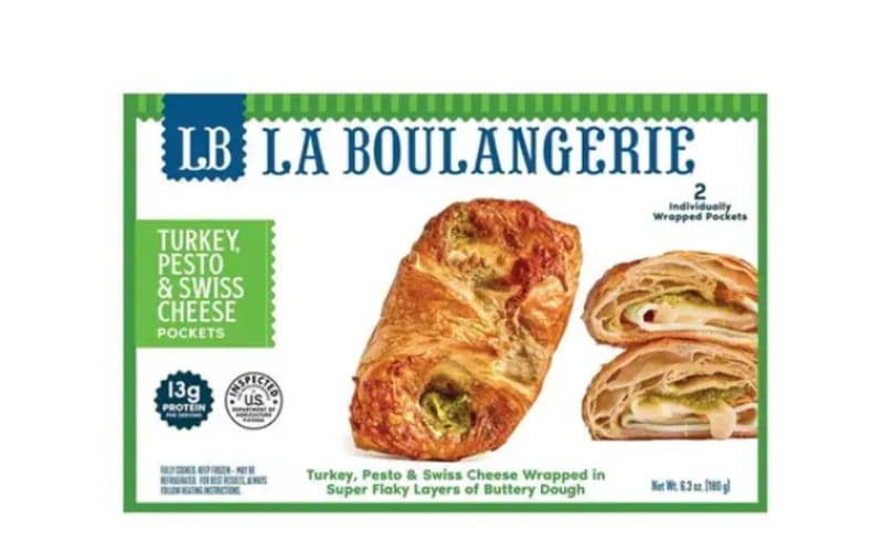 Packaging for LB La Boulangerie turkey pesto and swiss cheese pockets displaying the product with a description and nutrition information