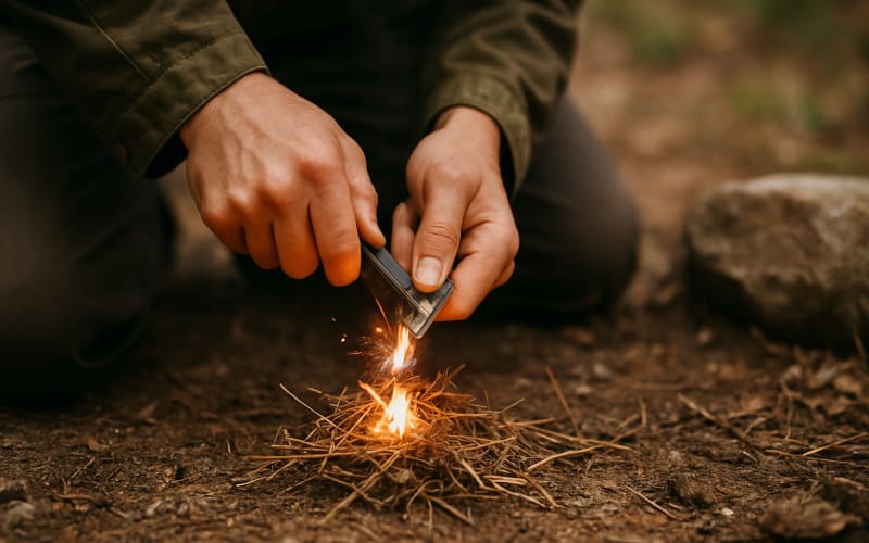 A person using a flint and steel to start a fire in the wilderness.