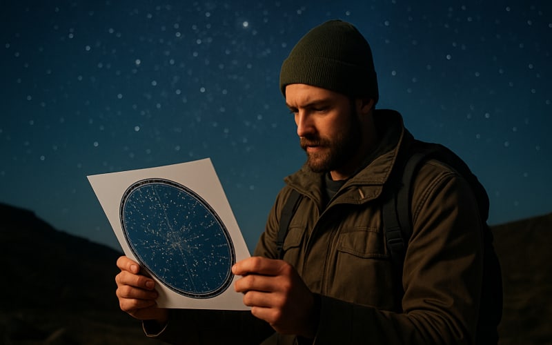 A man in a rugged outdoor setting using a star chart to navigate at night under a clear, starry sky.