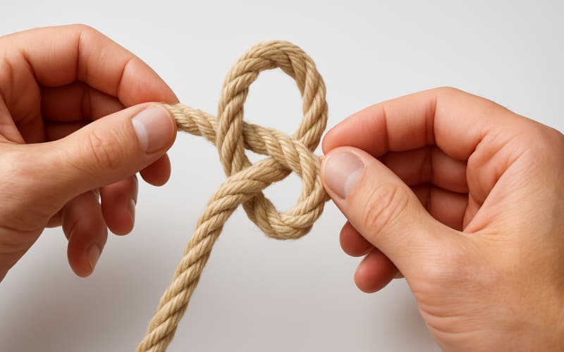 A close-up of hands tying a bowline knot with a length of rope.