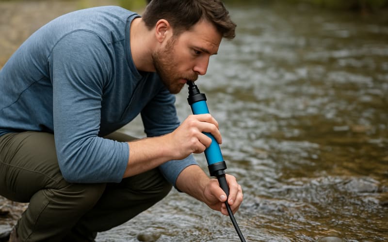 A person demonstrating how to use a portable water filter in a stream.