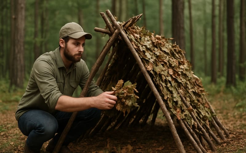 A man constructing a simple lean-to shelter in a forest using branches and leaves.