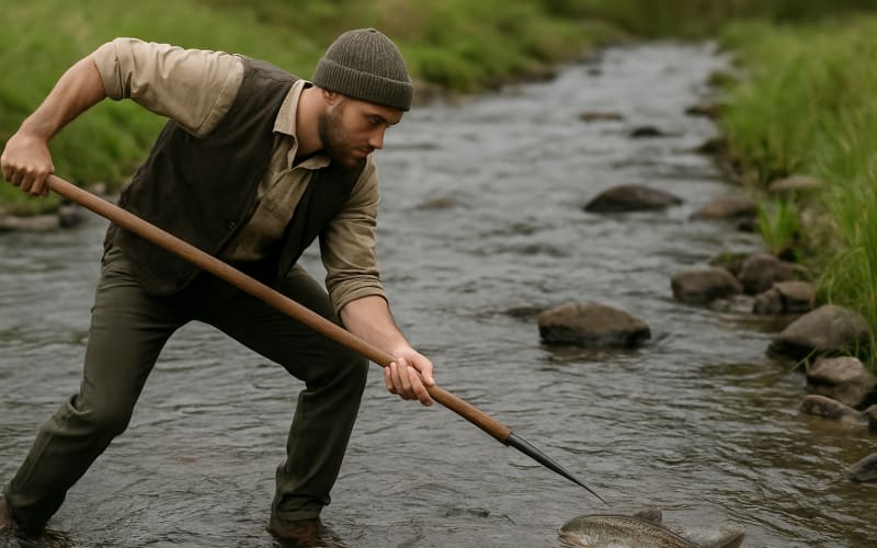 A person using a spear to catch fish in a stream.