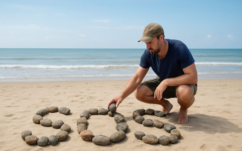 A man creating a large SOS sign with rocks on a beach to signal for rescue.