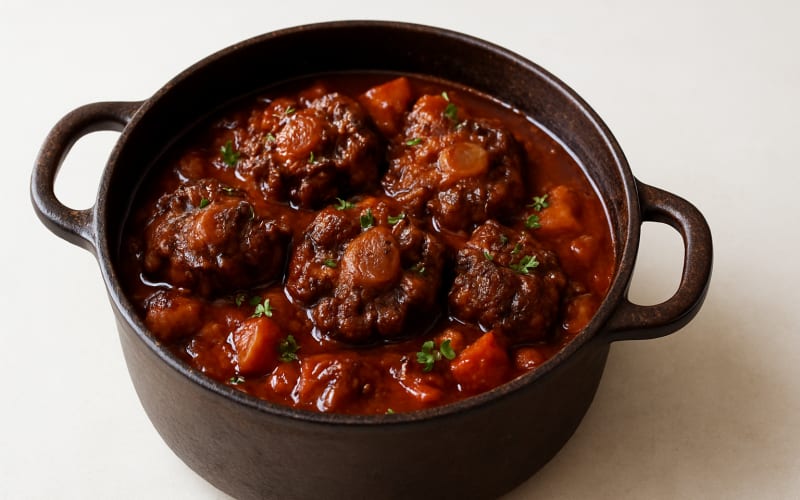 A rich, slow-cooked oxtail stew in a rustic pot, garnished with herbs