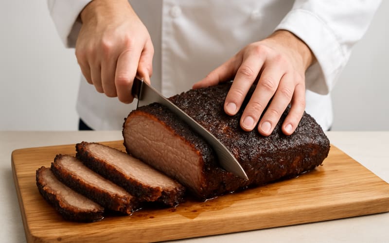 A chef slicing a perfectly cooked brisket on a wooden cutting board, showcasing its juicy interior and crispy exterior.