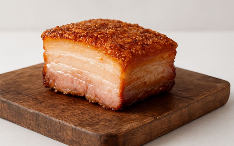 A perfectly cooked slice of pork belly with crispy skin and tender meat served on a rustic wooden board.