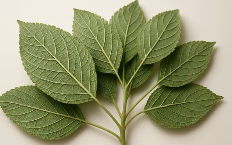 Close-up image of tree leaves flipped over, revealing their undersides.