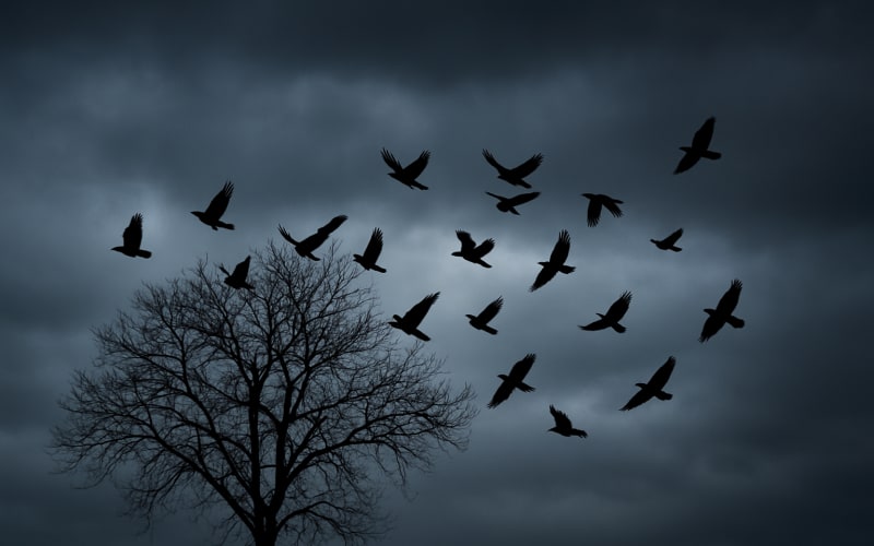 A group of birds taking flight from a tree as the sky darkens