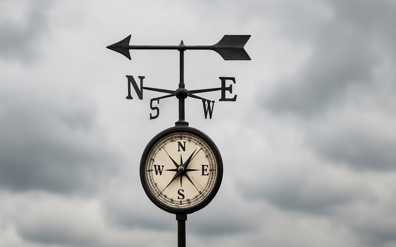 A compass and wind vane against a cloudy sky, indicating changing wind directions.