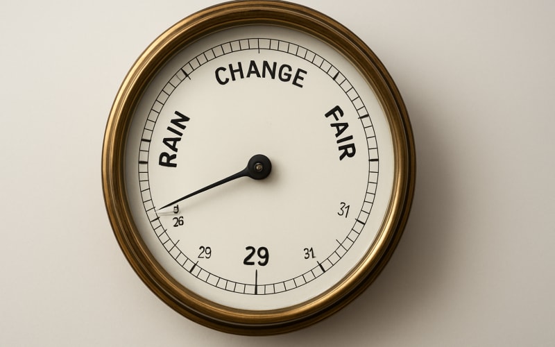 An analog barometer showing a drop in pressure, indicating changing weather conditions.