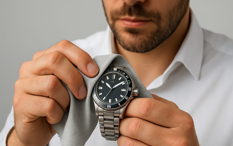 Close-up of a man carefully cleaning his automatic watch with a microfiber cloth.