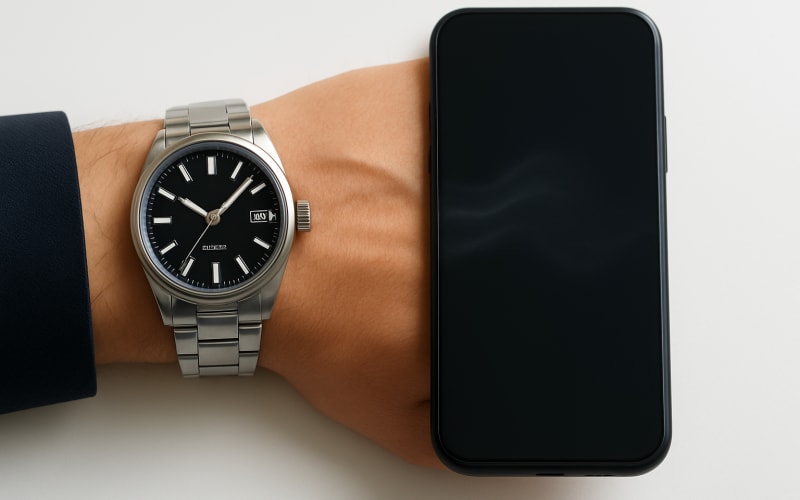 A man's wrist with an automatic watch, held close to a smartphone, demonstrating magnetic interference.