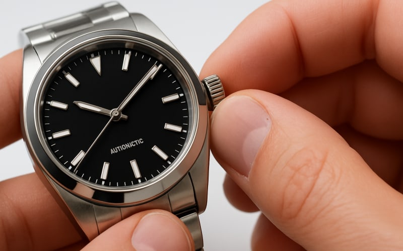 Close-up image of a hand winding an automatic watch crown.
