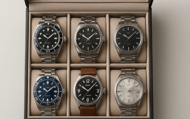 A collection of automatic watches neatly arranged in a watch box with a soft interior.