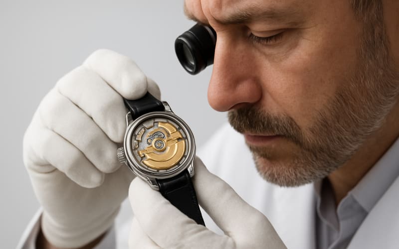 A watchmaker carefully inspecting the inner mechanisms of a luxury automatic watch.