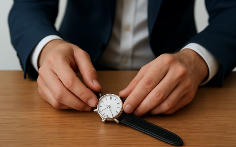A man carefully setting down his wristwatch on a wooden table, ensuring it is positioned delicately.