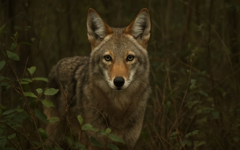A coyote with keen eyes, blending into the forest underbrush.