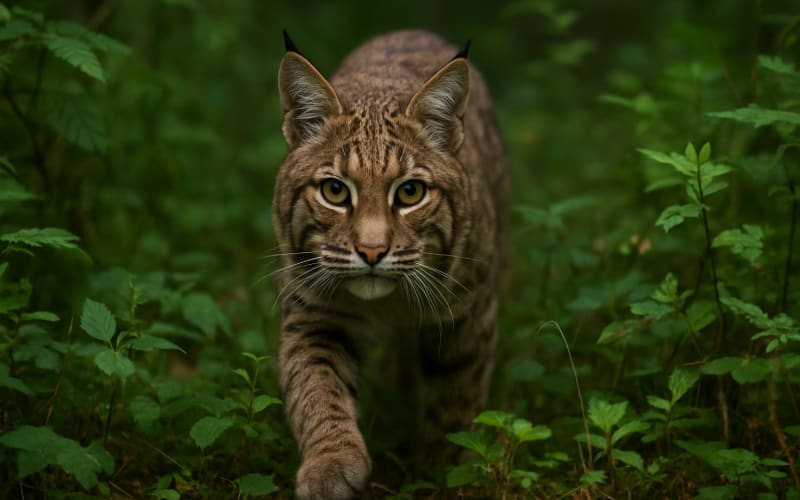 A bobcat stealthily creeping through dense forest undergrowth, its eyes focused and alert.