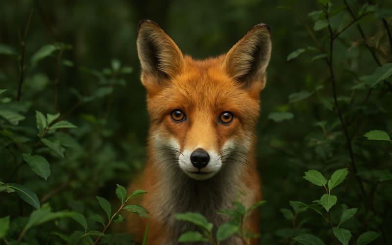 A red fox peeking through dense woodland foliage, its eyes focused and ears perked up.