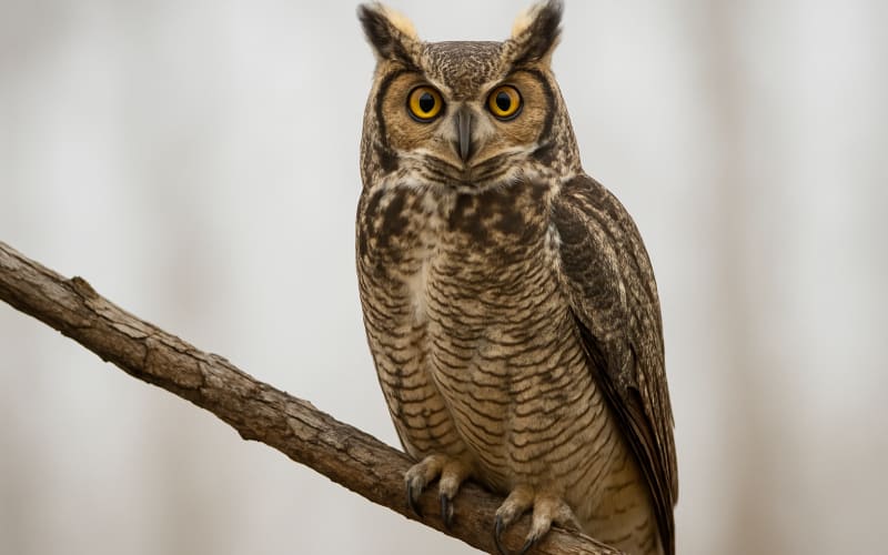 An owl perched quietly on a tree branch, its eyes wide and alert.