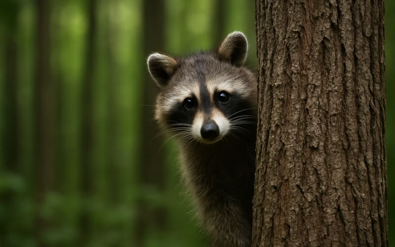 A raccoon peeking out from behind a tree trunk in a dense forest.