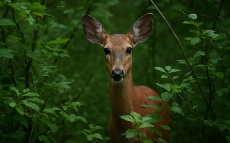 A curious deer peering through dense woodland foliage, its body partially concealed by leaves and branches.