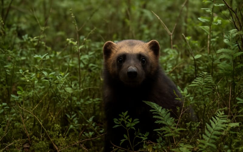 A wolverine camouflaged among dense forest underbrush, peering curiously.