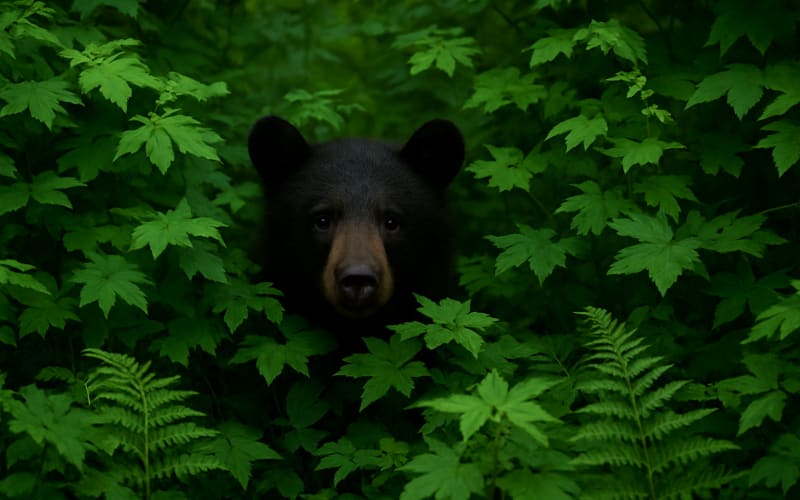 A black bear peeking through dense forest foliage, barely visible.