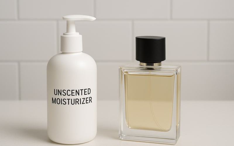 A bottle of unscented moisturizer next to a cologne bottle on a bathroom counter.