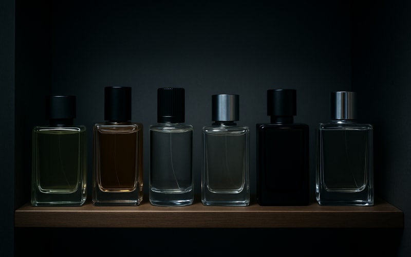 A neat row of cologne bottles stored on a shelf inside a cool, dimly lit closet.