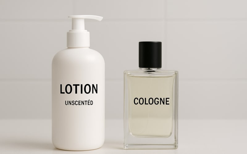 A bottle of unscented lotion next to a cologne bottle on a bathroom countertop.