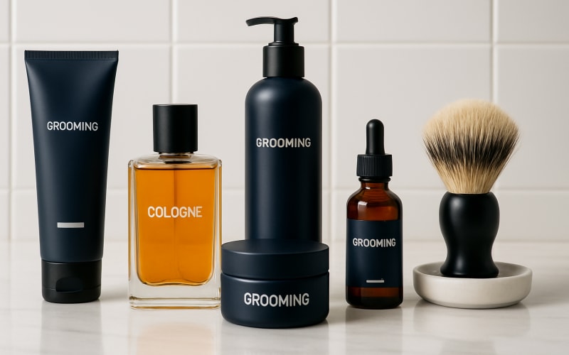 A variety of grooming products with matching cologne on a bathroom counter.