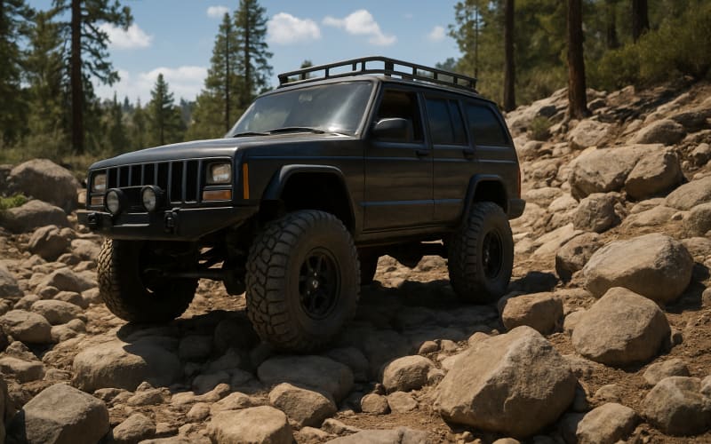 A rugged 4x4 vehicle navigating the rocky terrain of the Rubicon Trail in California.