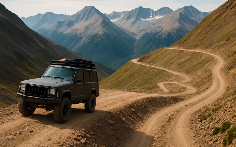 A rugged 4x4 vehicle navigating the steep switchbacks of Black Bear Pass with mountain views.