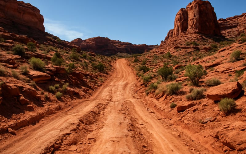 A rugged off-road trail with steep inclines and red rock formations in Moab, Utah.