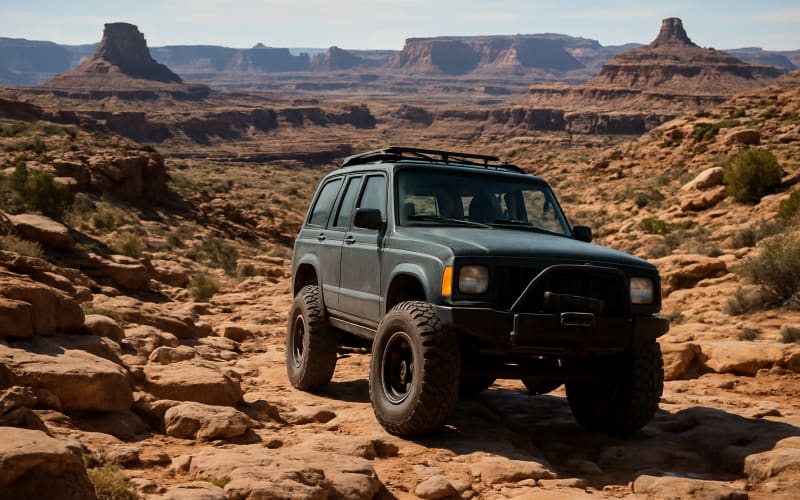 A rugged 4x4 vehicle navigating the rocky and remote terrain of The Maze in Canyonlands National Park.