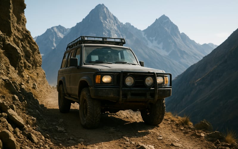 A rugged 4x4 vehicle navigating a narrow, rocky path with mountain peaks in the background.