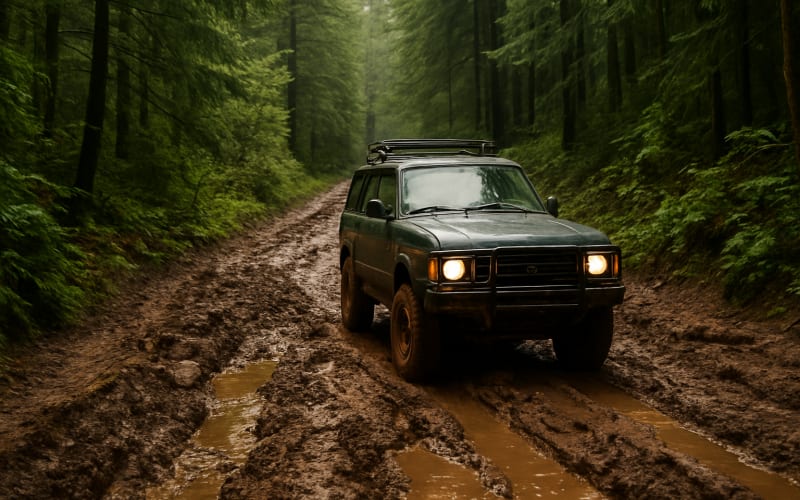 A rugged trail with dense forestation and a 4x4 vehicle navigating through muddy terrain on Barlow Road, Oregon.