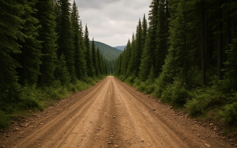 A rugged dirt road with dense forest on either side, cutting through the remote wilderness of Magruder Corridor.